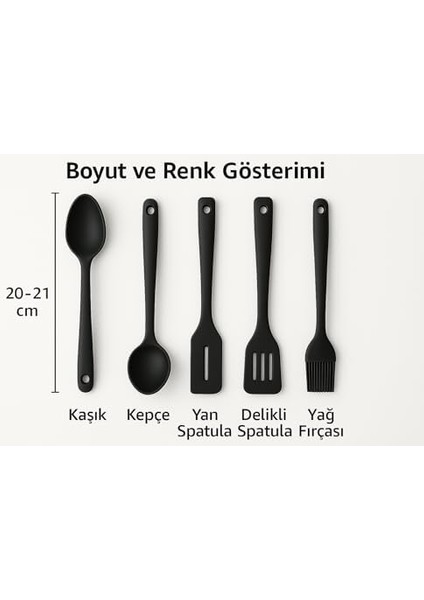 5'li Silikon Mutfak Seti - Kaşık, Kepçe, Spatula, Yağ Fırçası | Renkli Pişirme Seti | Isıya Dayanıklı | Mutfak Gereçleri (Renk Stok Durumuna Göre Gönderilir) fiyatları