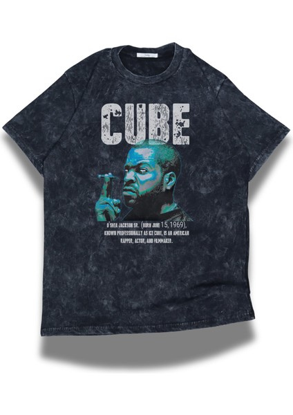 Unisex Cube Yazılı Yıkamalı T-Shirt, Oversize Rapper Ice Cube Temalı Vintage Tişört
