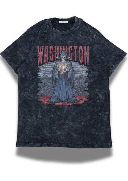 Unisex Washington Yazılı Yıkamalı T-Shirt, Oversize Basketbol Temalı Bisiklet Yaka Retro Tişört