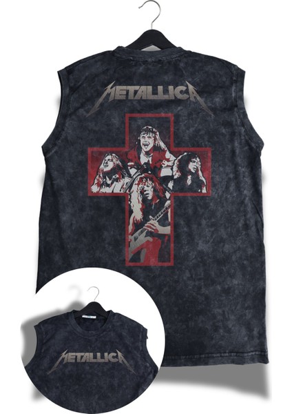 Metallica Artı Members Sırt Baskılı Yıkamalı Kolsuz Tişört, Unisex Rock Band Temalı Sıfır Kol Atlet