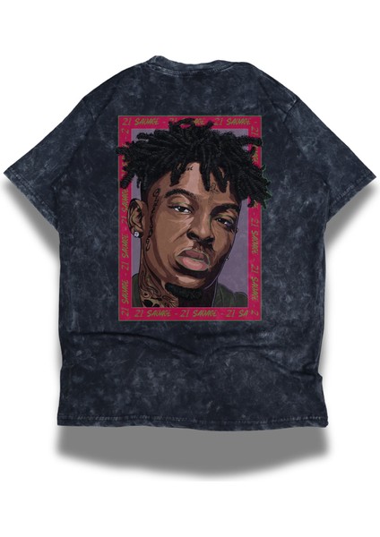 Unisex Savage Sırt Baskılı Yıkamalı T-Shirt, Oversize 21 Savage Rap Temalı Vintage Tişört modelleri