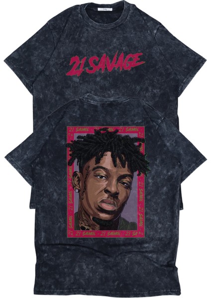 Unisex Savage Sırt Baskılı Yıkamalı T-Shirt, Oversize 21 Savage Rap Temalı Vintage Tişört
