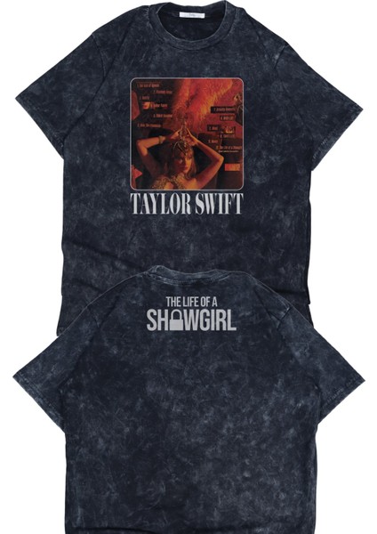 Unisex The Life Of A Showgirl Playlist Ense Baskılı Yıkamalı T-Shirt, Oversize Taylor Swift Tişört