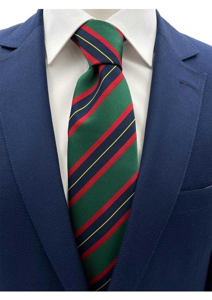 Yeşil Lacivert Kırmızı Çizgili Kravat