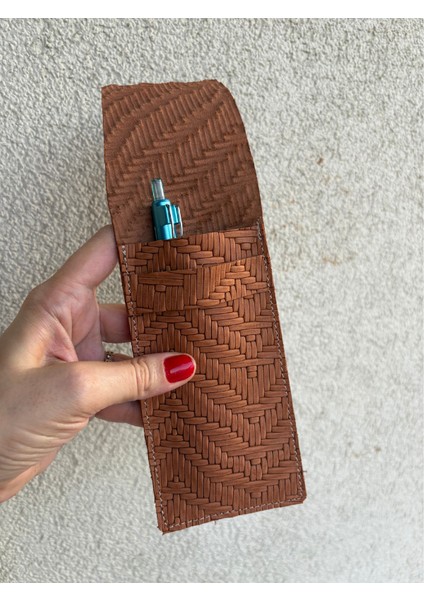 -Sofisticate 2 Model Taba Hasır Baskılı Hakiki Deri Kalemlik, Kalem Çantası,fırçalık indirimleri