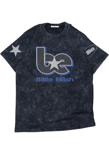 Unisex Blue Be Star Billie Kol Baskılı Yıkamalı T-Shirt, Oversize Billie Eilish Temalı Vintage Tişört