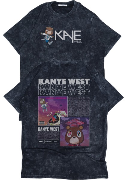 Unisex Graduation Sırt Baskılı Yıkamalı T-Shirt, Oversize Kanye West Temalı Vintage Tişört