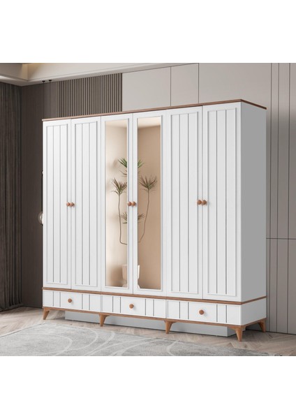 Sıla 6 Kapaklı Gardırop Çekmeceli Dolap 230CM. Beyaz-A.çam