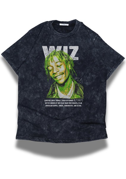 Unisex Wiz Khalifa Yazılı Yıkamalı T-Shirt, Oversize Rap Temalı Retro Tişört