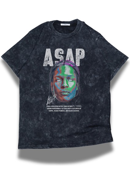 Unisex Asap Yazılı Yıkamalı T-Shirt, Oversize Asap Rocky Rap Temalı Vintage Tişört