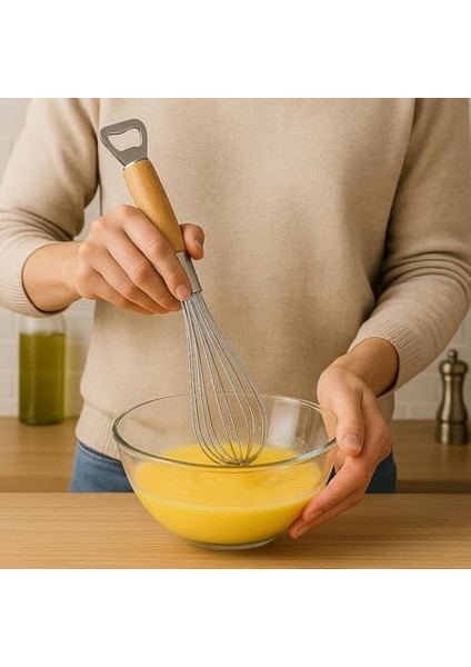 Ahşap Saplı Paslanmaz Çelik Çırpıcı - 2 Si 1 Arada Mutfak Aleti, Yumurta Çırpıcı ve Şişe Açacak, 35 cm Ergonomik Tasarım, Dayanıklı Tel Karıştırıcı modelleri