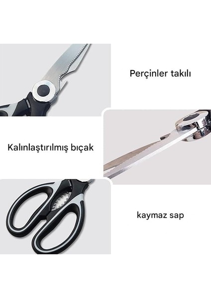 Paslanmaz Çelik Çok Amaçlı Mutfak Makası - Balık Temizleme, Et ve Sebze Kesme, Şişe Açma, Ceviz Kırma - Kaymaz Saplı ve Koruyucu Kılıf Dahil fiyatları