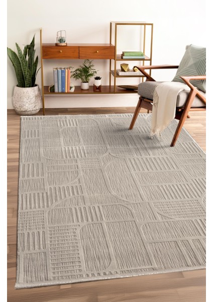 Tablo TL009A Gri Halı Geometrik Desen Antialerjik Pamuk Taban Yıkanabilir Salon Halısı Yatak Odası
