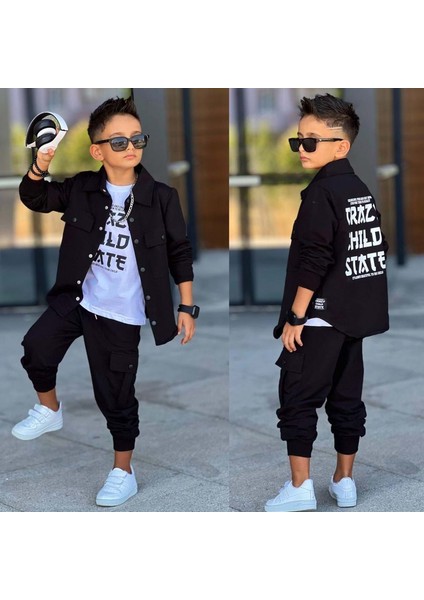 3-12 Yaş Erkek Crazy Child Baskılı 3lü Eşofman Takım- 60285650 - Siyah