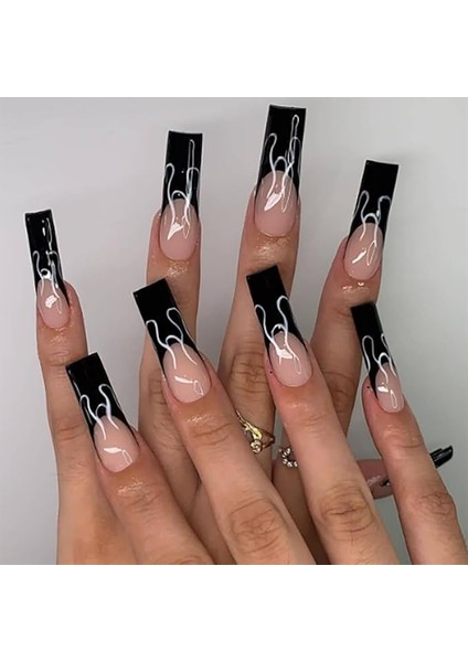 Doğal Narin Görünümlü 24'lü Takma Tırnak Seti Alev Dalgası Desenli | Tam Kapatan Yapma Tırnak Takımı