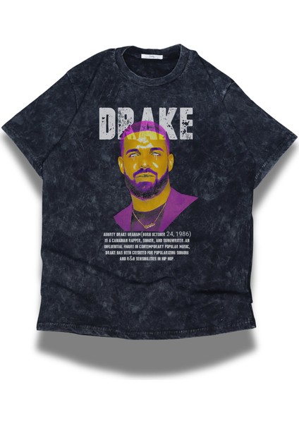 Unisex Drake Yazılı Yıkamalı T-Shirt, Oversize Drake Rap Temalı Vintage Tişört