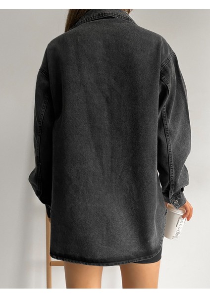 Çift Cepli Oversize Denim Gömlek Ceket - Gömlek Yaka & Astarsız - AP82486