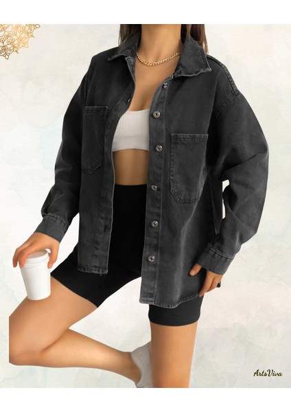 Çift Cepli Oversize Denim Gömlek Ceket - Gömlek Yaka & Astarsız - AP82486 fiyatları
