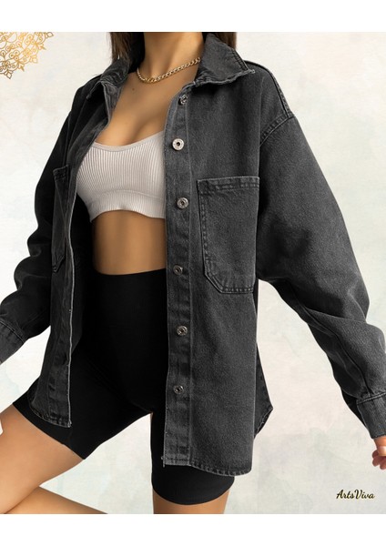 Çift Cepli Oversize Denim Gömlek Ceket - Gömlek Yaka & Astarsız - AP82486 modelleri