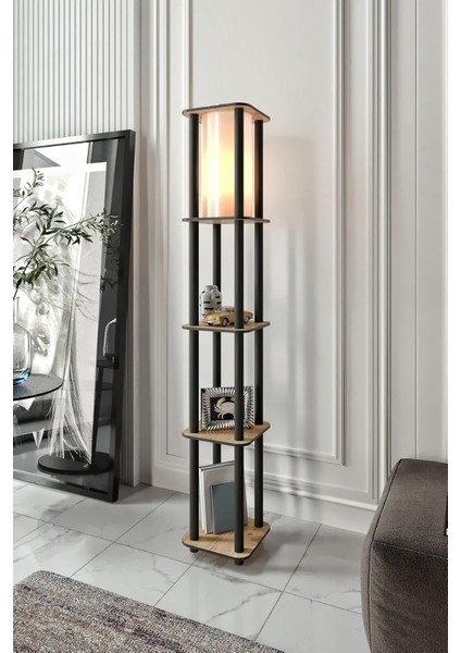 Kare Lambader - Fonksiyonel 3 Raflı Ahşap Gövde, 24X24 cm Kare Taban, 140 cm Yükseklik, E27 Duy Tipi Uyumlu, LED Ampul ile Kullanılabilir, Göz Yormayan Işık (Mese)