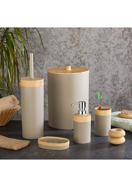 5 Parça Lüx Bambu Görünümlü Banyo Seti | 10 Litre Çöp Kovası ve Antibakteriyel Tuvalet Fırçası (Krem)
