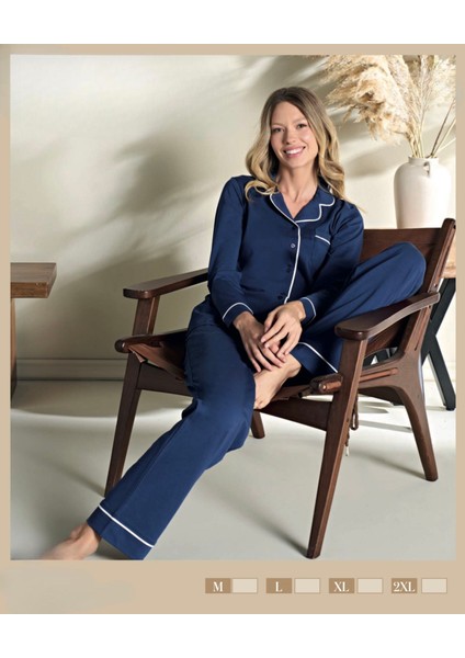 Kadın Uzun Kol Önden Düğmeli %100 Pamuk Pijama Takımı