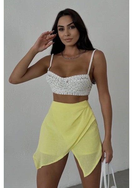 Sarı Keten Drape Detaylı Yüksek Bel Slim Günlük Fermuarlı Şık Trend Yazlık Mini Şort Etek