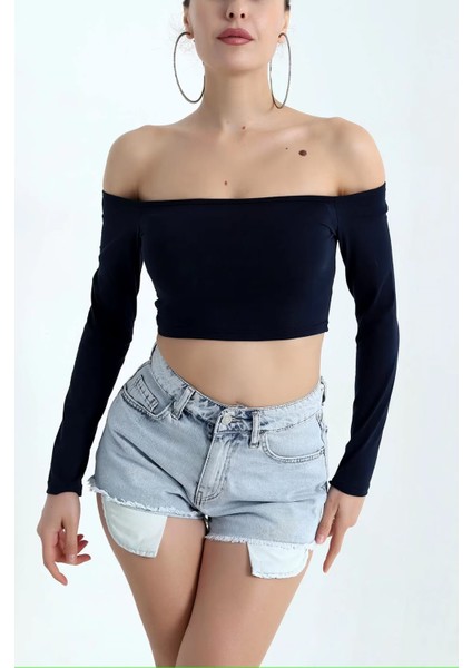 Omzu Açık Süprem Kumaş Madonna Yaka Crop Bluz