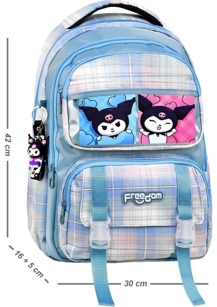 Kuromi Desenli Lüx ve Çok Cepli Su Geçirmez Okul Sırt Çantası + Kuromi Anahtarlık Hediyeli