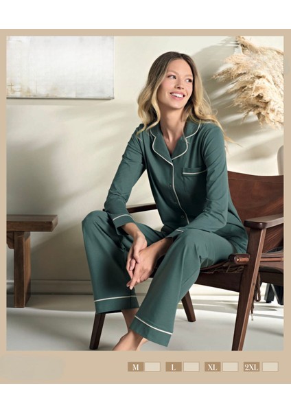 Kadın Uzun Kol Önden Düğmeli %100 Pamuk Pijama Takımı