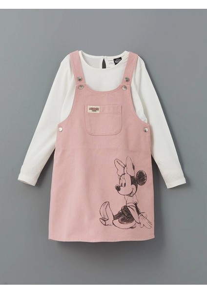 Lcw Kids Pembe Minnie Mouse Baskılı Kız Çocuk Salopet Elbise ve Tişört 2'li