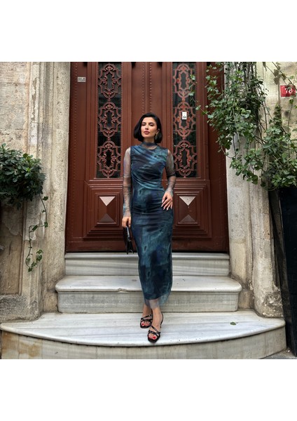 Uzun Bulut Desenli Tül Elbise