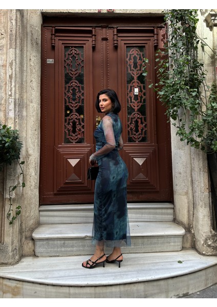 Uzun Bulut Desenli Tül Elbise modelleri