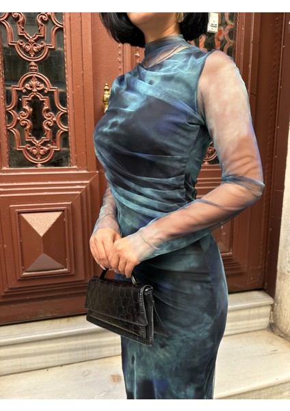 Uzun Bulut Desenli Tül Elbise