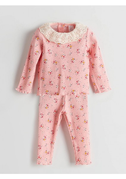 Lcw Baby Pembe Bisiklet Yaka Çiçekli Kız Bebek Bluz ve Tayt 2'li