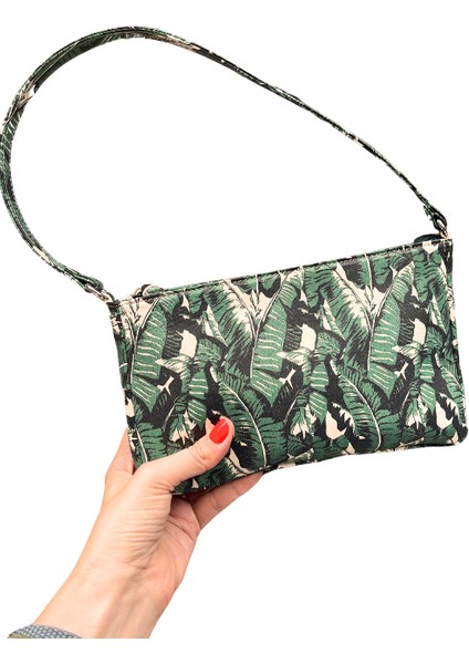 -Ada Model Yeşil Yaprak Desenli Hakiki Deri Kısa Omuz Çantası, Zincir Askı Detaylı Omuz Çantası