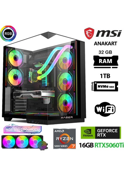 Queen X2 Ryzen 7 5700X 32GB Ram 1tb M.2 Nvme SSD 16GB RTX5060 Ti Sıvı Soğutmalı Oyuncu Bilgisayarı