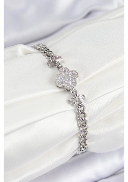 Pirinç Zirkon Taşlı Yonca Model Gümüş Renk Kadın Bileklik