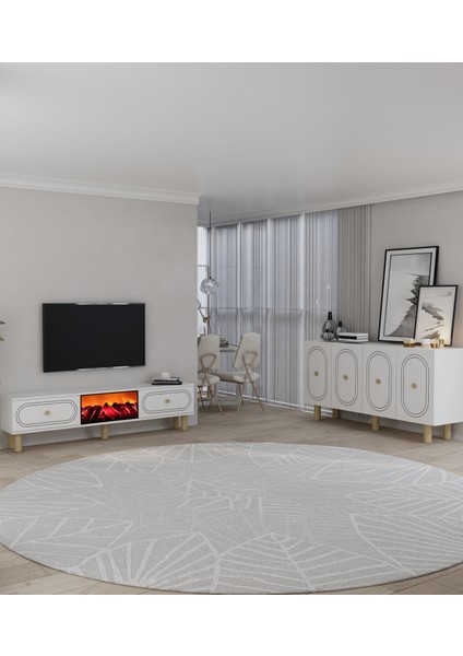 Polenct Bohem Konsol (KB150), Bohem Şömineli (A) Tv Sehpası 2li Salon Takımı Beyaz-Beyaz