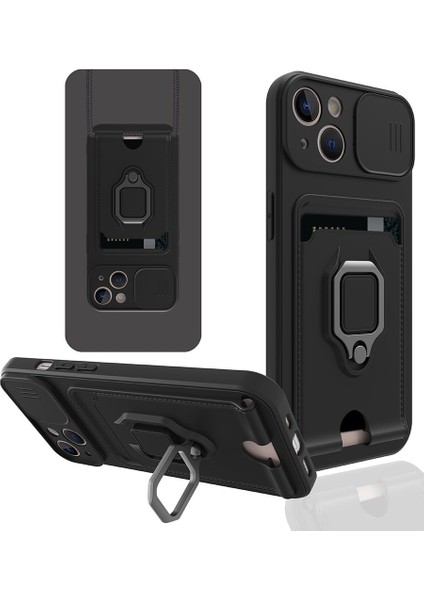 iPhone 14 Uyumlu Taşıma Askılı - Kartlıklı - Stantlı - Kamera Korumalı Silikon Telefon Kılıfı