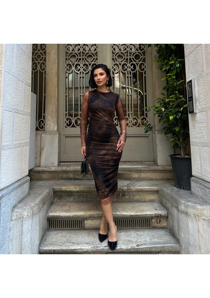 Kahve Midi Tül Elbise