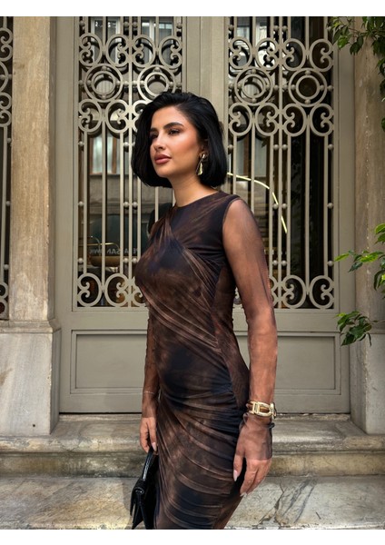 Kahve Midi Tül Elbise