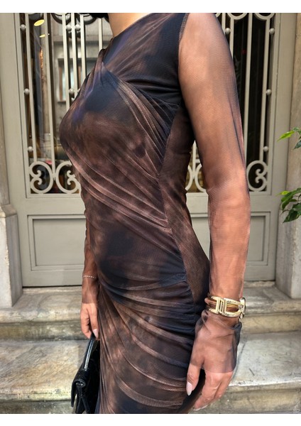 Kahve Midi Tül Elbise