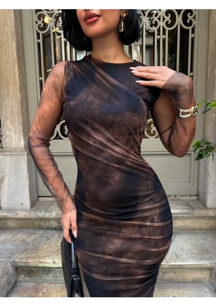 Kahve Midi Tül Elbise