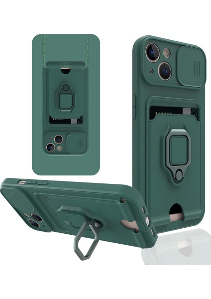iPhone 14 Uyumlu Taşıma Askılı - Kartlıklı - Stantlı - Kamera Korumalı Silikon Telefon Kılıfı