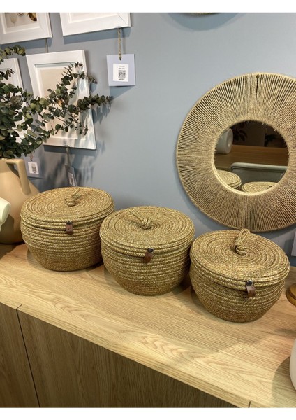 Safari 3'lü Kapaklı Bombeli Hasır Görünümlü Jüt Sepet