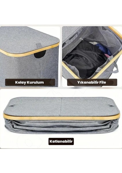 100 Lt Katlanır Kumaş Bambu Çamaşır Sepeti Içi Fileli Kirli Çamaşır Sepeti