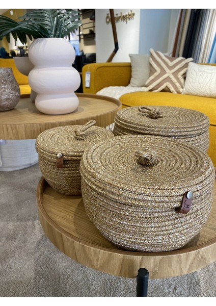 Safari 3'lü Kapaklı Bombeli Hasır Görünümlü Jüt Sepet indirimleri