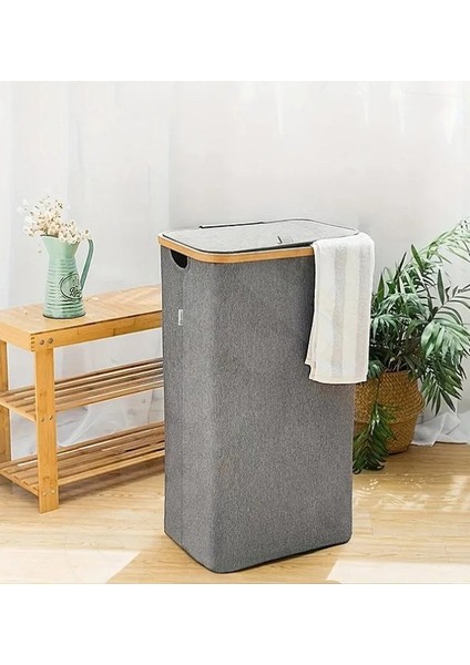 70 Lt Katlanır Kumaş Bambu Çamaşır Sepeti Içi Fileli Kirli Çamaşır Sepeti