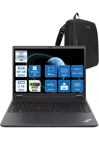 Mws P16V V2 G5 Ultra 9 Vpro 185H 80GB Ddr5 2tb SSD 8GB/RTXA3000 16" Wuxga IPS 300NITS Windows 11 Pro Taşınabilir Bilgisayar 21KX001STXH23 + Zettaçanta